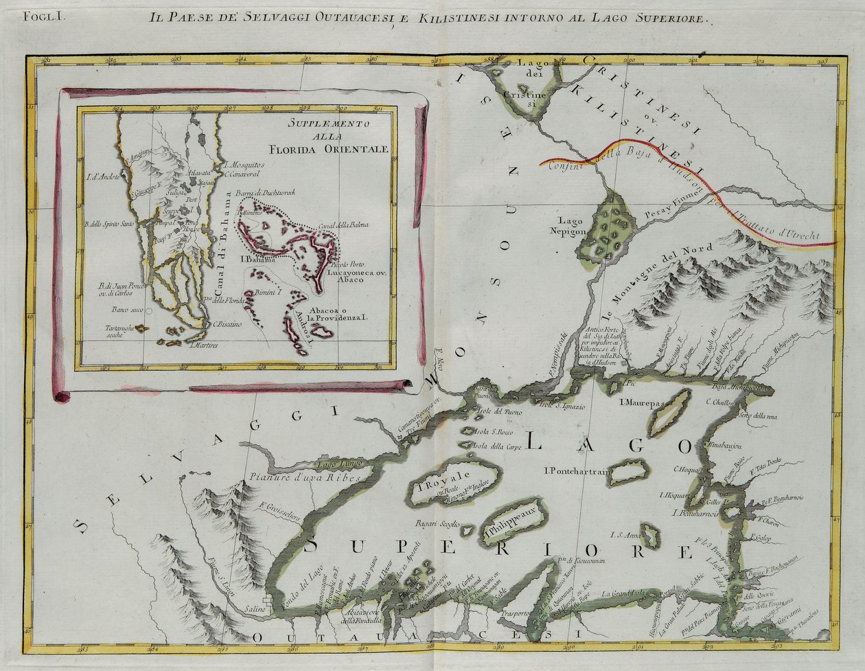 Land of the Ottawa og Kilistine Indians rundt Lake Superior og et supplement fra østlige Florida, gravering av G. Zuliani hentet fra Tome I av "Newest Atlas" publisert i Venezia i 1778 av Antonio Zatta, Private Collection av G. Zuliani
