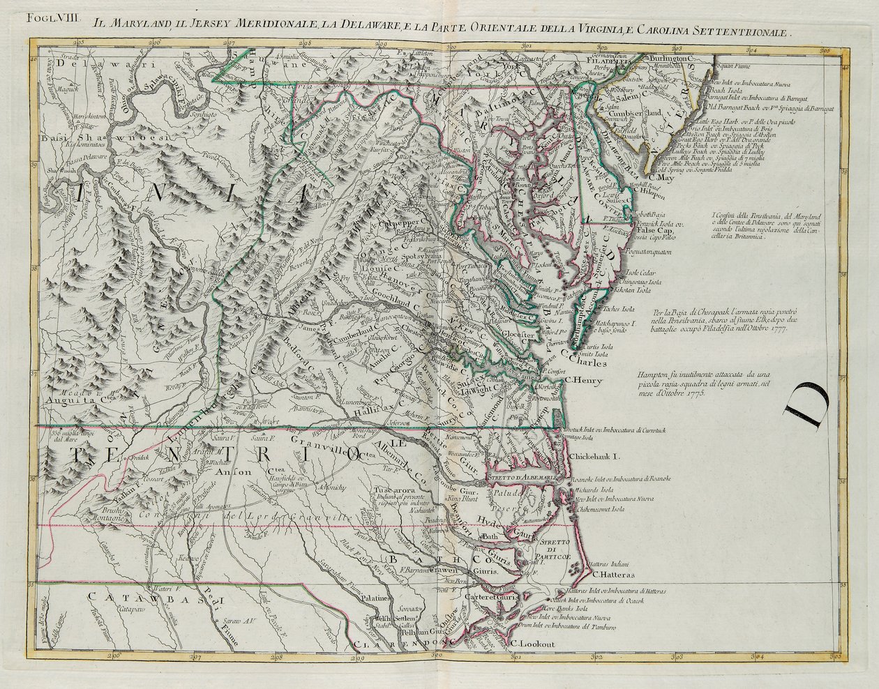 Maryland, sørlige New Jersey, Delaware og den østlige delen av Virginia og North Carolina, gravering av G. Zuliani hentet fra Tome I av "Newest Atlas" utgitt i Venezia i 1778 av Antonio Zatta, Private Collection av G. Zuliani