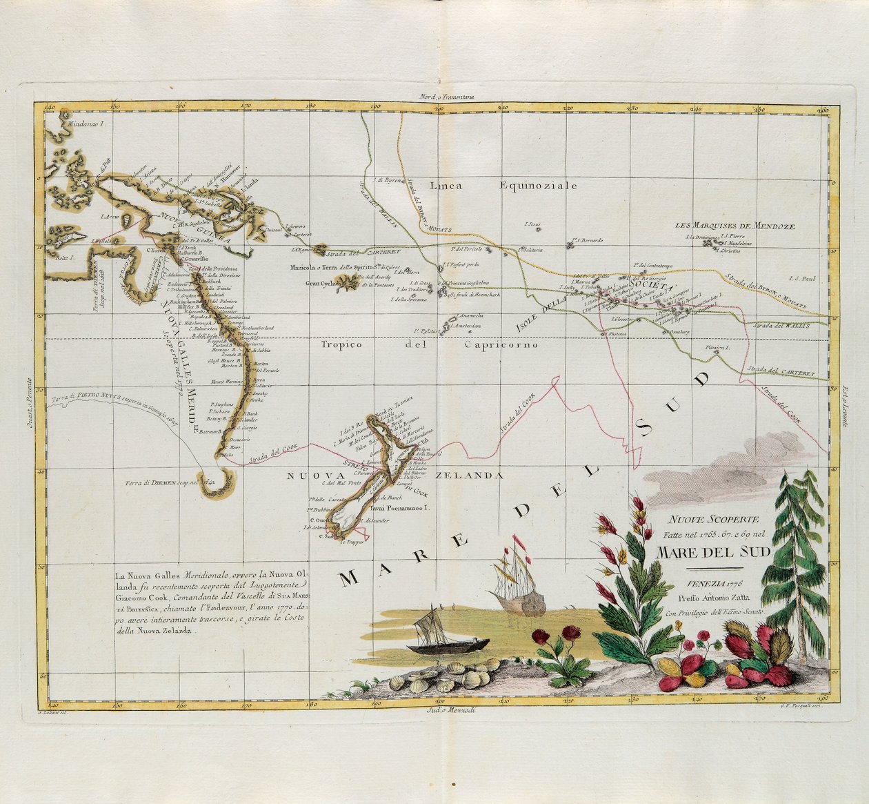 Nye funn gjort i 1775, 67 og 69 i sørhavet, gravering av G. Zuliani hentet fra Tome I of the Newest Atlas publisert i Venezia i 1776 av Antonio Zatta, Private Collection av G. Zuliani