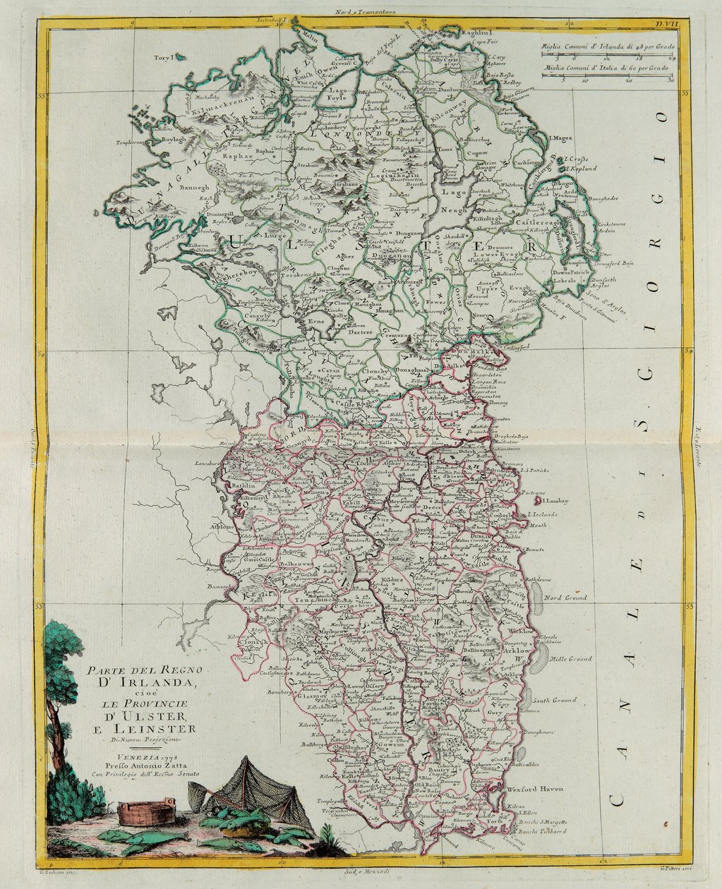 En del av kongeriket Irland, det vil si provinsene Ulster og Leinster, gravering av G. Zuliani hentet fra Tome I av "Newest Atlas" utgitt i Venezia i 1778 av Antonio Zatta, Private Collection av G. Zuliani