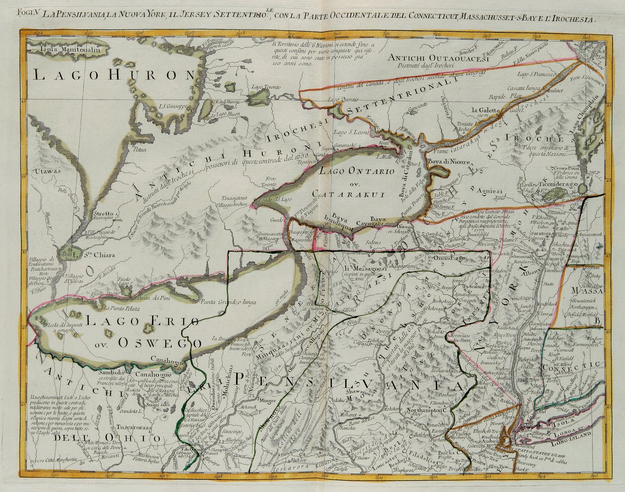 Pennsylvania, New York, sørlige New Jersey, med den vestlige delen av Connecticut, Massachusetts Bay og Land of the Iroquois, gravering av G. Zuliani hentet fra Tome I av "Newest Atlas" utgitt i Venezia i 1778 av Antonio Zatta, Private Collection av G. Zuliani