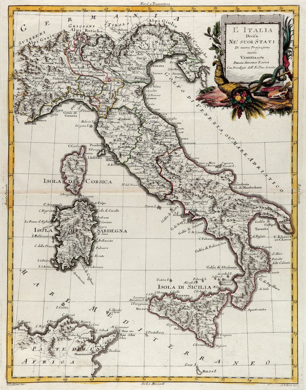 Politisk kart over Italia, gravering av G. Zuliani hentet fra Tome II av "Newest Atlas" publisert i Venezia i 1782 av Antonio Zatta, Private Collection av G. Zuliani