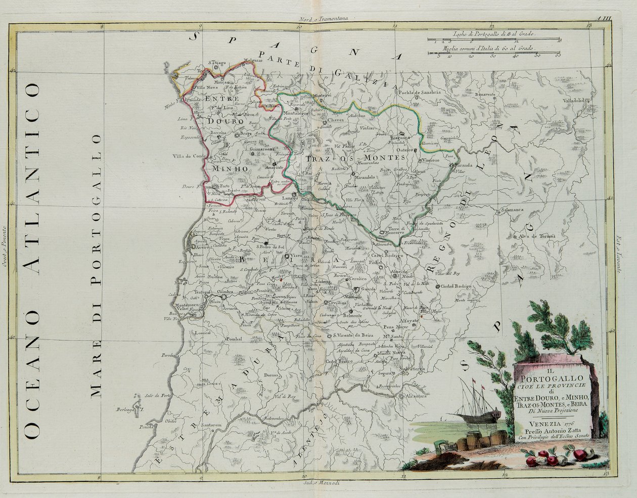 Portugal, det vil si provinsene Entre Douro, Minho, Traz-os-Montes og Beir, gravering av G. Zuliani hentet fra Tome I of the Newest Atlas publisert i Venezia i 1776 av Antonio Zatta, Private Coll. av G. Zuliani