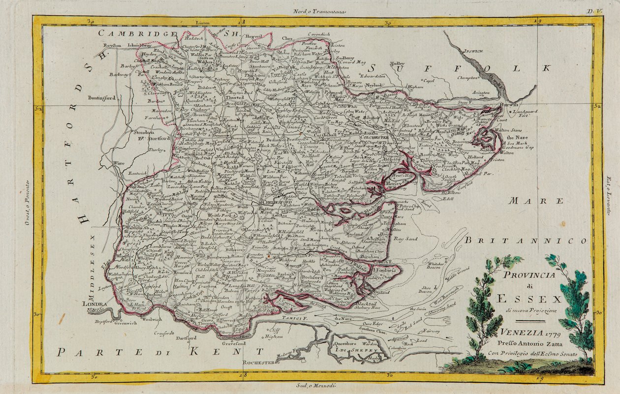 Province of Essex, gravering av G. Zuliani hentet fra Tome I av "Newest Atlas" utgitt i Venezia i 1779 av Antonio Zatta, Private Collection av G. Zuliani