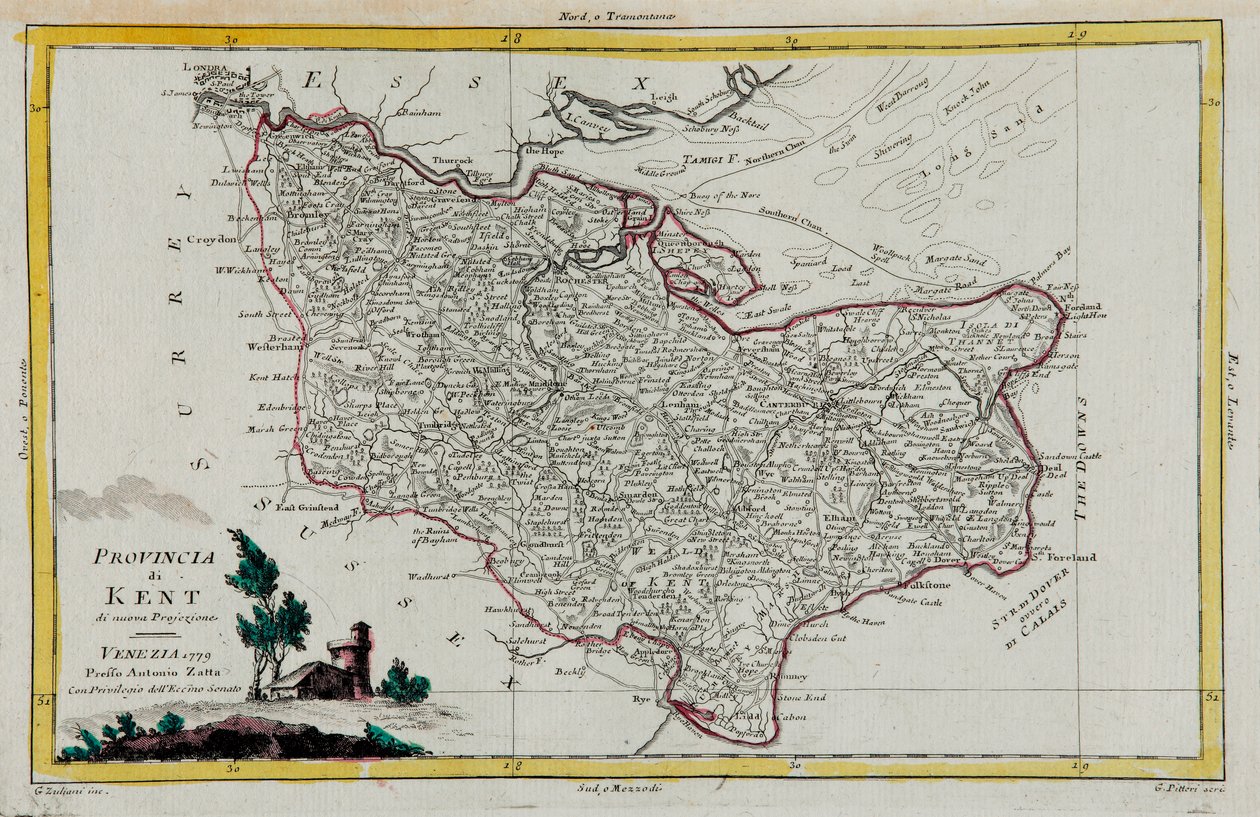 Provinsen Kent, gravering av G. Zuliani hentet fra Tome I av "Newest Atlas" utgitt i Venezia i 1779 av Antonio Zatta, Private Collection av G. Zuliani