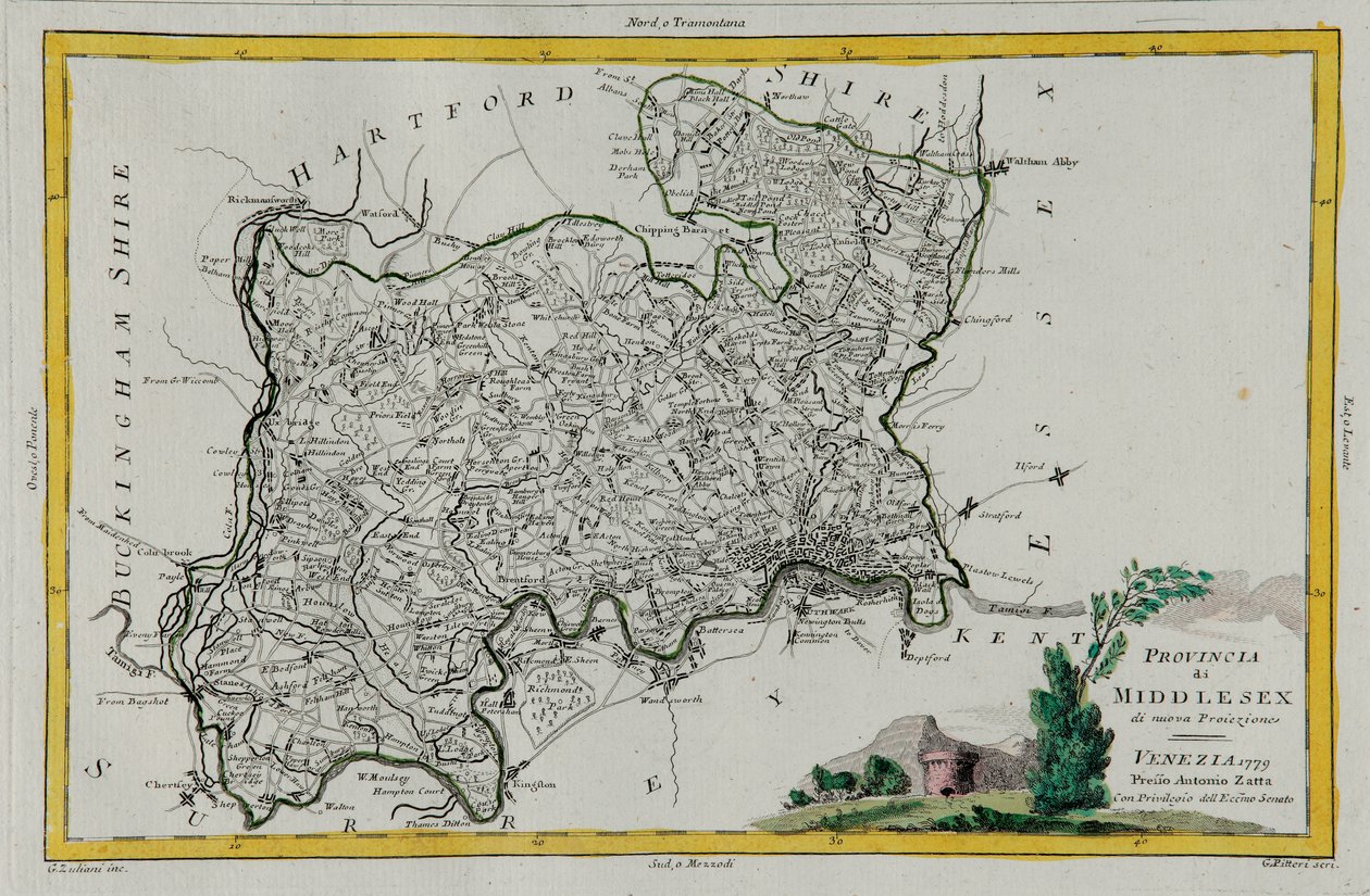 Province of Middlesex, gravering av G. Zuliani hentet fra Tome I av "Newest Atlas" utgitt i Venezia i 1779 av Antonio Zatta, Private Collection av G. Zuliani