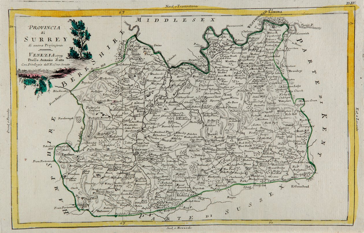Provinsen Surrey, gravering av G. Zuliani hentet fra Tome I av "Newest Atlas" utgitt i Venezia i 1779 av Antonio Zatta, Private Collection av G. Zuliani