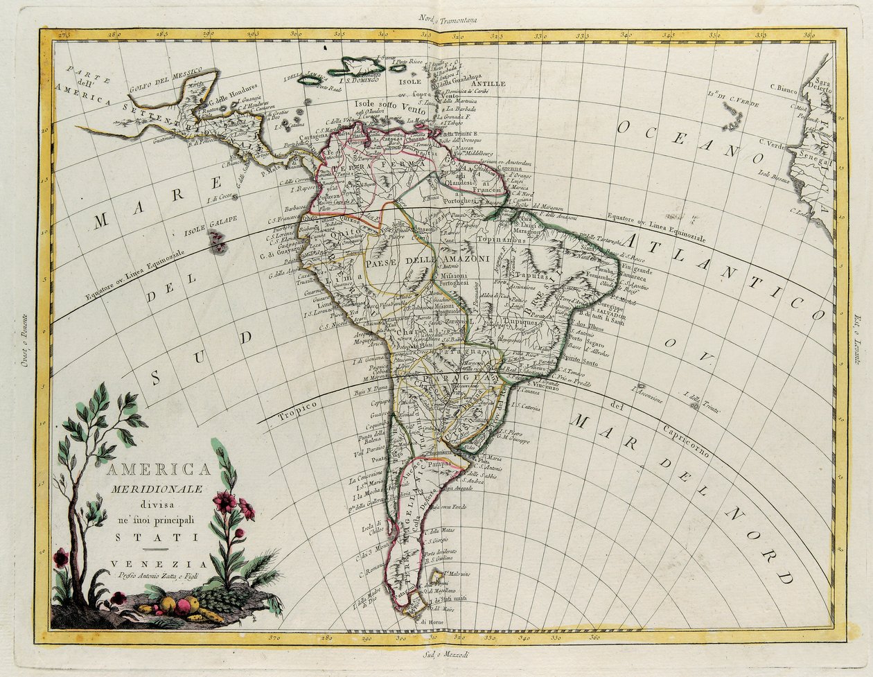 Sør-Amerika delt inn i sine hovedstater, gravering av G. Zuliani hentet fra Tome IV av "Newest Atlas" utgitt i Venezia av Antonio Zatta, Private Collection av G. Zuliani