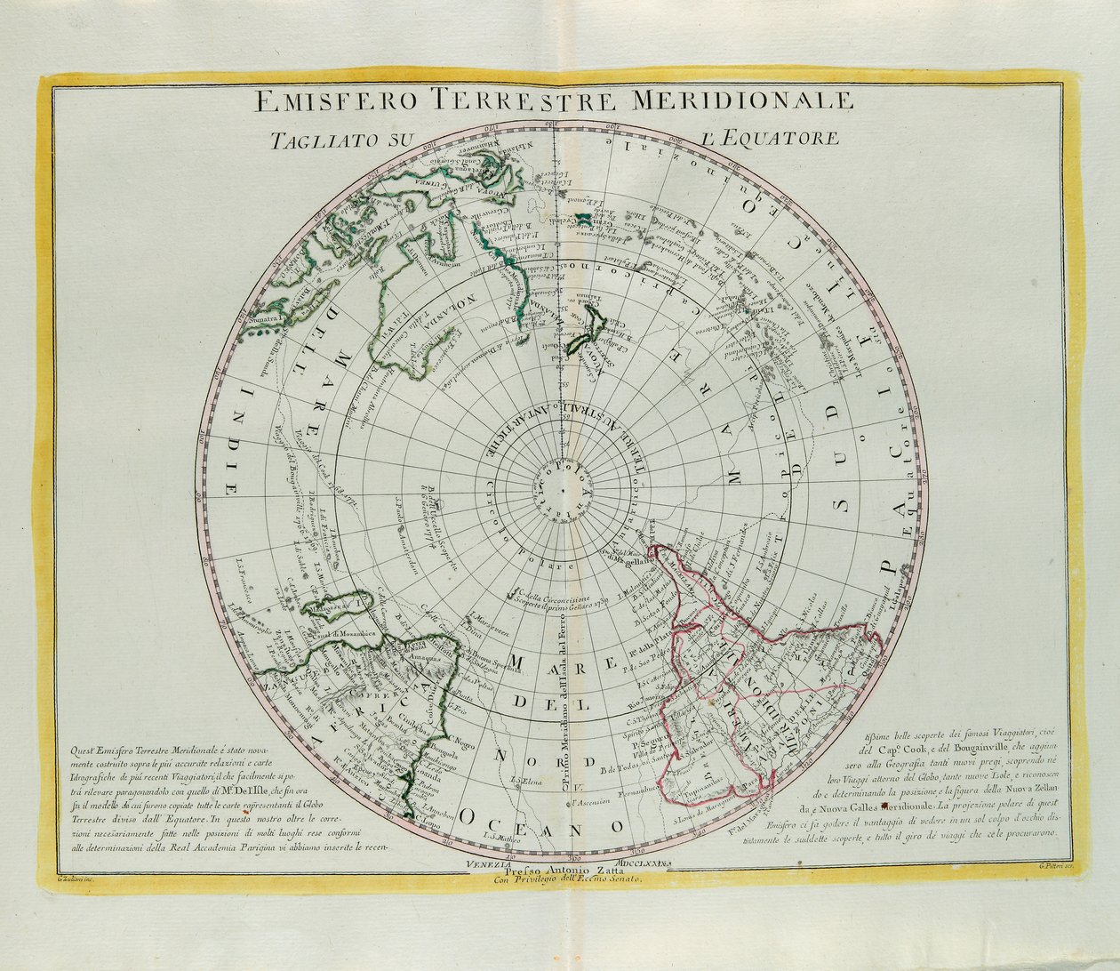 Jordens sørlige halvkule kuttet ved ekvator, gravering av G. Zuliani hentet fra Tome I of the Newest Atlas publisert i Venezia i 1779 av Antonio Zatta av G. Zuliani