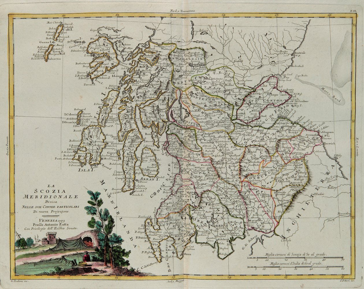 Sør-Skottland delt inn i sine fylker, gravering av G. Zuliani hentet fra Tome I av "Newest Atlas" utgitt i Venezia i 1779 av Antonio Zatta, Private Collection av G. Zuliani