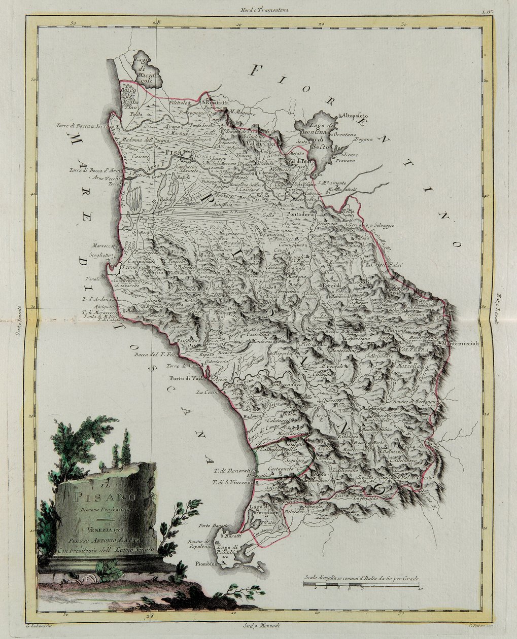 Territory of Pisa, gravering av G. Zuliani hentet fra Tome II av "Newest Atlas" utgitt i Venezia i 1783 av Antonio Zatta, Private Collection av G. Zuliani