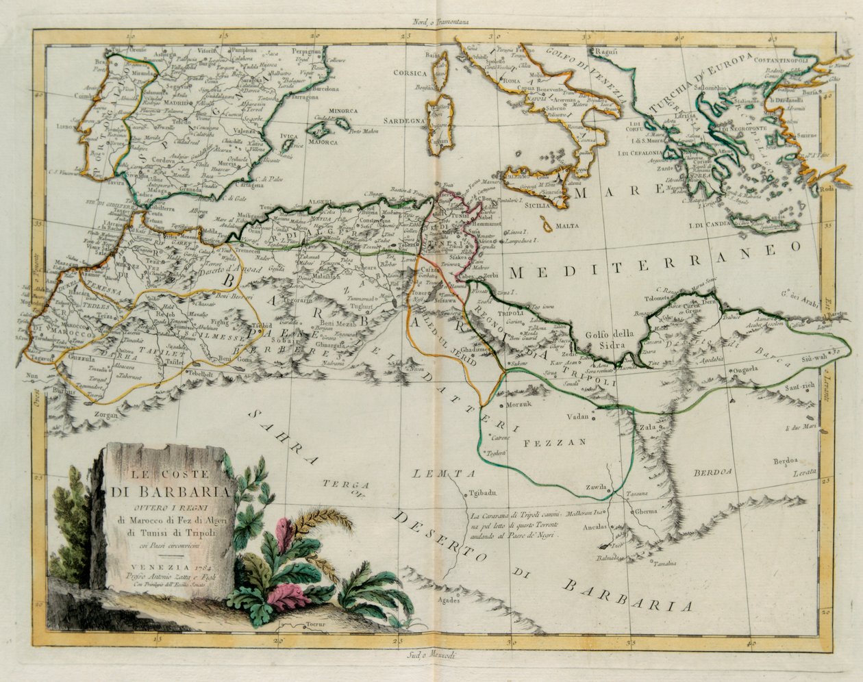 Barbarykysten eller kongedømmene Marokko, Fez, Algerie, Tunisia og Tripoli med omkringliggende land, gravering av G. Zuliani hentet fra Tome IV av "Newest Atlas" utgitt i Venezia i 1784 av Antonio Zatta, Private Collection av G. Zuliani