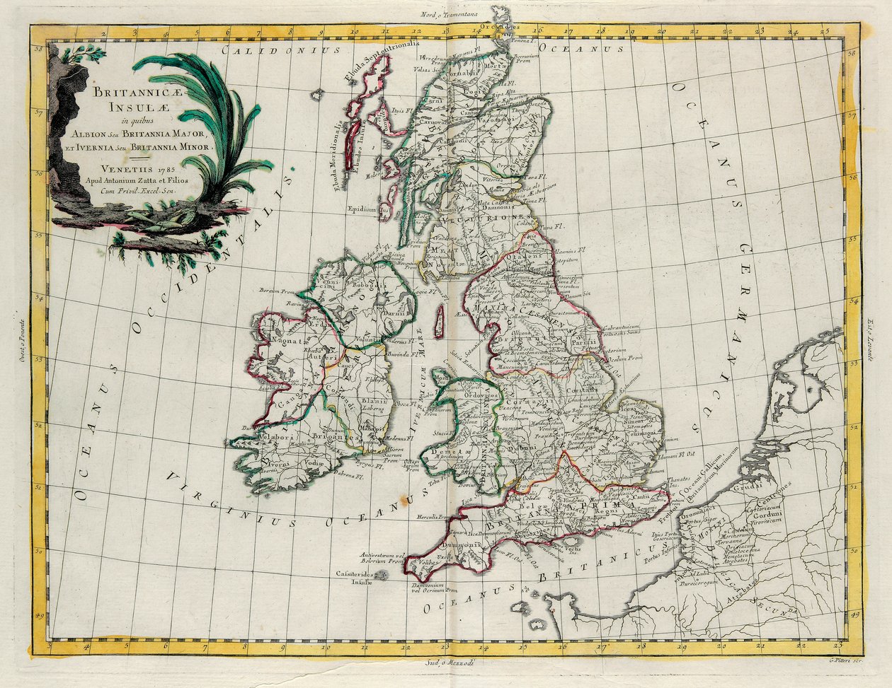 De britiske øyer som finnes i Albion eller Greater Britain og Ivernia eller Lesser Britain, gravering av G. Zuliani hentet fra Tome I of the Newest Atlas publisert i Venezia i 1785 av Antonio Zatta av G. Zuliani