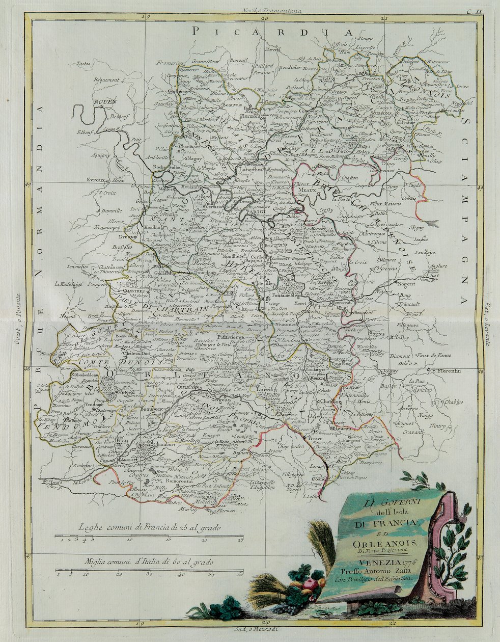 The Governances of the Ile de France og Orleans, gravering av G. Zuliani hentet fra Tome I of the Newest Atlas publisert i Venezia i 1776 av Antonio Zatta, Private Collection av G. Zuliani