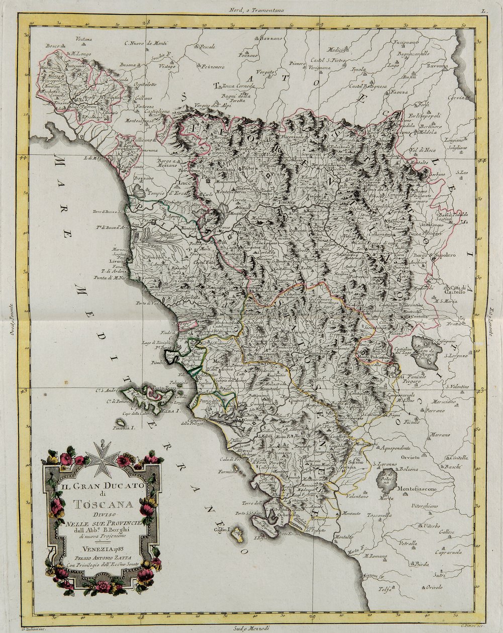 Storhertugdømmet Toscana delt inn i sine provinser, gravering av G. Zuliani hentet fra Tome II av "Newest Atlas" utgitt i Venezia i 1783 av Antonio Zatta, Private Collection av G. Zuliani