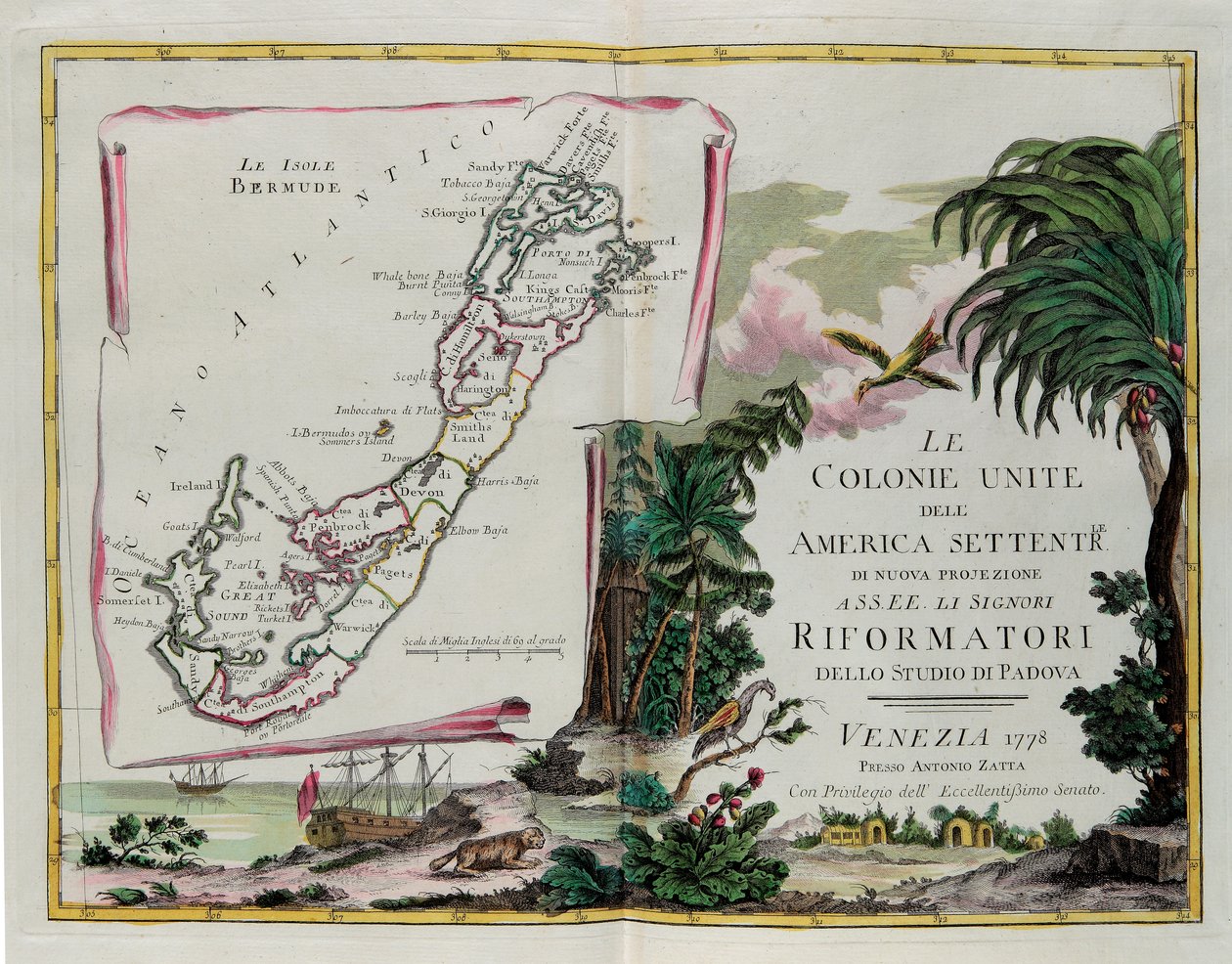 Øyene i Bermuda og fronten av delen dedikert til De forente kolonier i Nord-Amerika, gravering av G. Zuliani hentet fra Tome I av "Newest Atlas" utgitt i Venezia i 1778 av Antonio Zatta, Private Collection av G. Zuliani