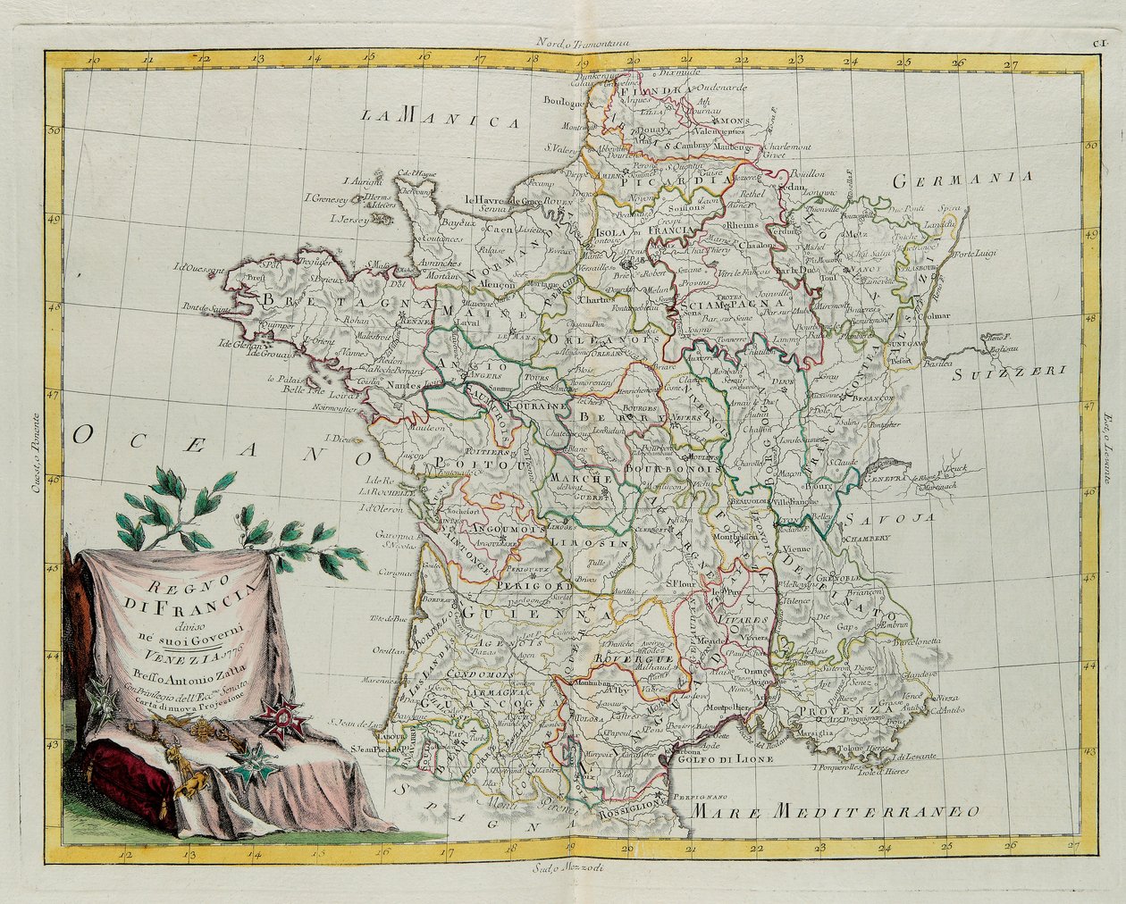 Kongeriket Frankrike delte seg inn i sine styresett, gravering av G. Zuliani hentet fra Tome I of the Newest Atlas publisert i Venezia i 1776 av Antonio Zatta, Private Collection av G. Zuliani
