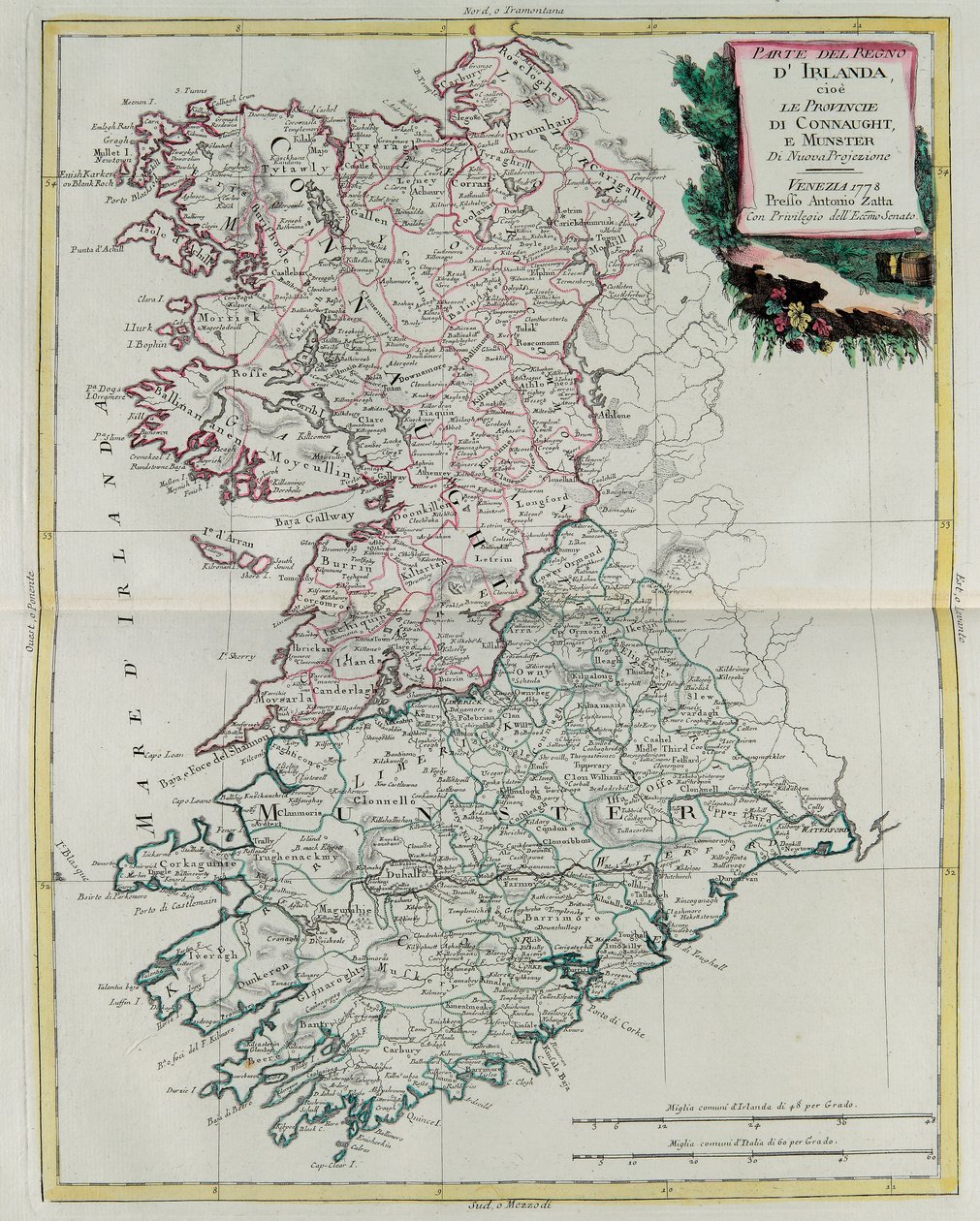 Kongeriket Irland som provinsene Munster og Connaught, gravering av G. Zuliani er fra bind I av 