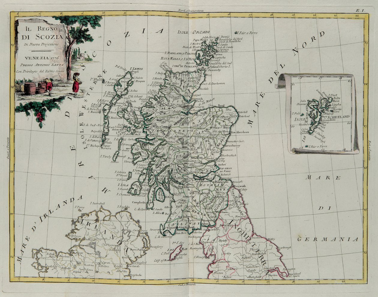 The Kingdom of Scotland, gravering av G. Zuliani hentet fra Tome I of the Newest Atlas publisert i Venezia i 1776 av Antonio Zatta, Private Collection av G. Zuliani