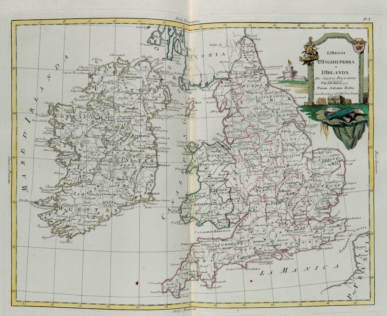 The Kingdoms of England and Ireland, gravering av G. Zuliani hentet fra Tome I of the Newest Atlas publisert i Venezia i 1776 av Antonio Zatta, Private Collection av G. Zuliani
