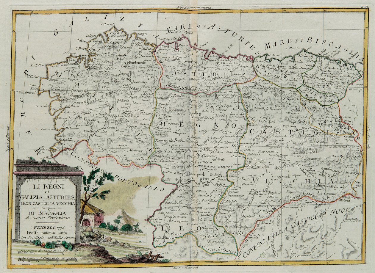 Kongedømmene Galicia, Asturies, Leon, Castilla Vieja med rådet i Biscallia, gravering av G. Zuliani hentet fra Tome I of the Newest Atlas publisert i Venezia i 1776 av Antonio Zatta, Priva av G. Zuliani