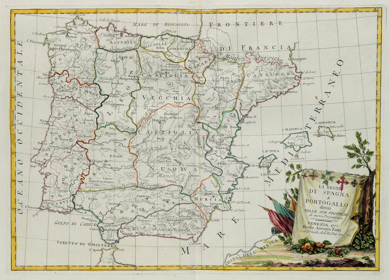 Kongedømmene Spania og Portugal delte seg i sine provinser, gravering av G. Zuliani hentet fra Tome I of the Newest Atlas publisert i Venezia i 1775 av Antonio Zatta, Private Collection av G. Zuliani