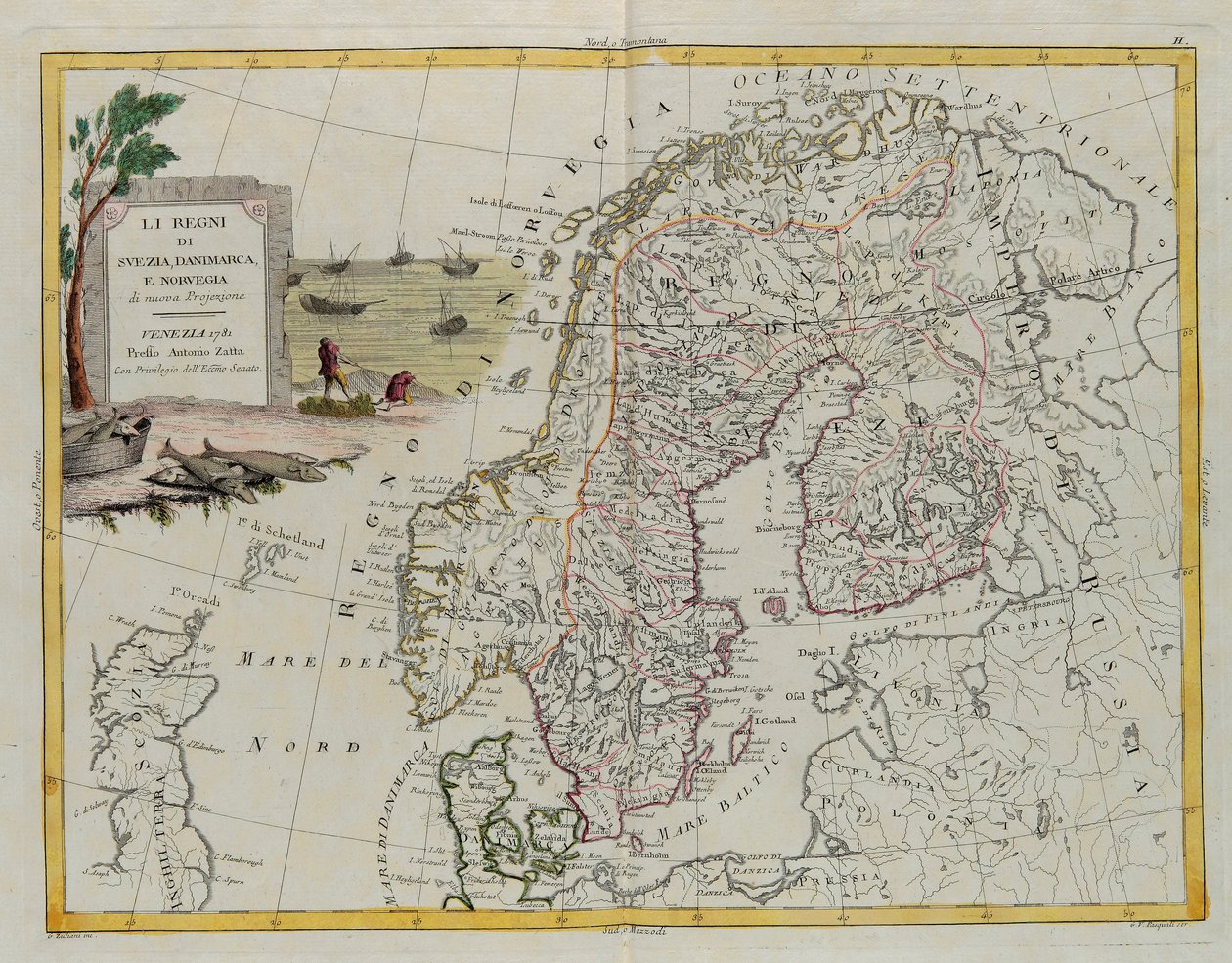 Kongedømmene Sverige, Danmark og Norge, gravering av G. Zuliani hentet fra Tome III av "Nyeste atlas" utgitt i Venezia i 1781 av Antonio Zatta, privat samling av G. Zuliani