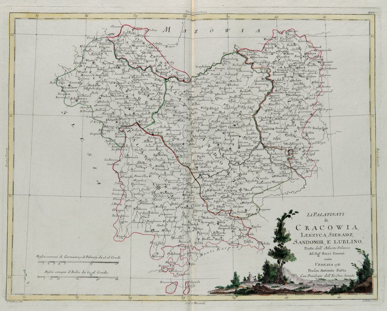 Pfalzene i Krakov, Lekzyca, Sieradz, Sandomir og Lublin, gravering av G. Zuliani hentet fra Tome III av "Newest Atlas" publisert i Venezia i 1781 av Antonio Zatta, Privat samling av G. Zuliani