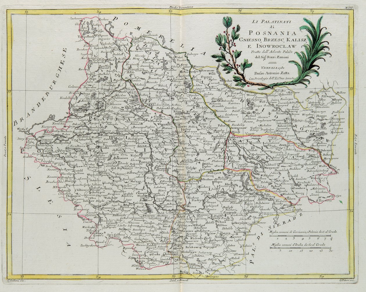 Pfalzene i Posnania, Gniesno, Brzesc, Kalisz og Inovroclav, gravert av G. Zuliani, hentet fra bind III av "Newest Atlas" utgitt i Venezia i 1781 av Antonio Zatta, privat samling av G. Zuliani