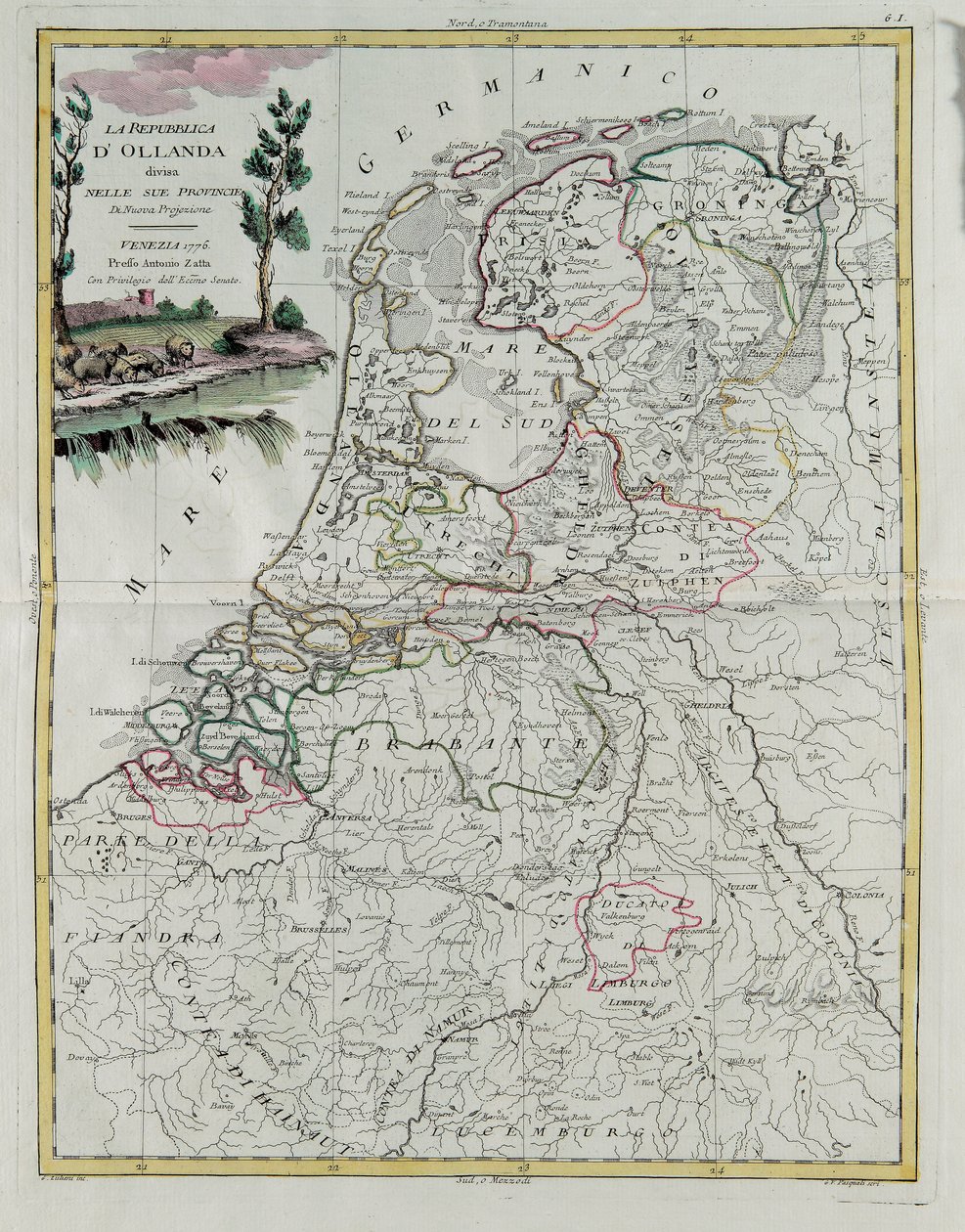 Republikken Holland delt inn i sine provinser, gravering av G. Zuliani hentet fra Tome I of the Newest Atlas publisert i Venezia i 1776 av Antonio Zatta, Private Collection av G. Zuliani
