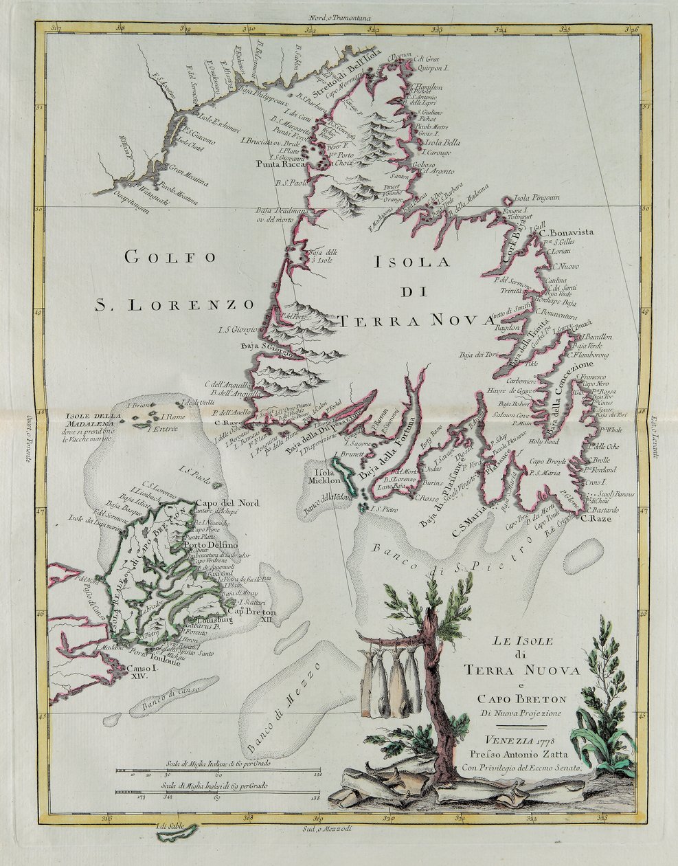 Øyene Newfoundland og Cape Breton, gravering av G. Zuliani hentet fra Tome I av "Newest Atlas" utgitt i Venezia i 1778 av Antonio Zatta, Private Collection av G. Zuliani