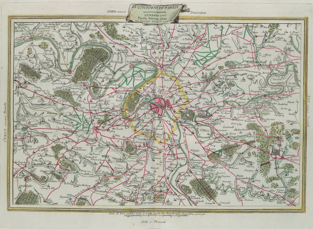 Omrisset av Paris, The Governances of France and Orleans, gravering av G. Zuliani hentet fra Tome I of the Newest Atlas publisert i Venezia i 1776 av Antonio Zatta, Private Collection av G. Zuliani