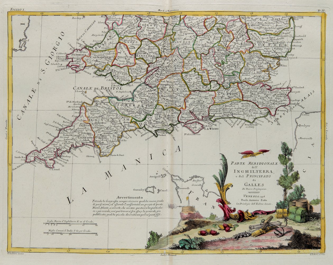 Den sørlige delen av England og Principate of Wales, gravering av G. Zuliani hentet fra Tome I of the Newest Atlas publisert i Venezia i 1778 av Antonio Zatta, Private Collection av G. Zuliani