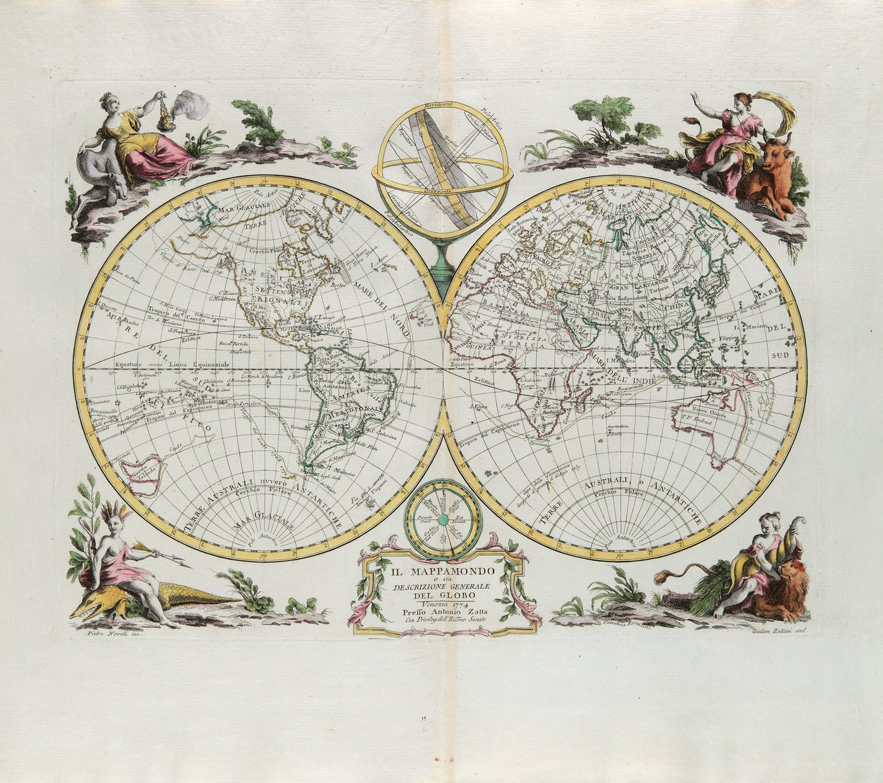 Verdenskart og en generell beskrivelse av kloden, gravering av G. Zuliani hentet fra Tome I of the Newest Atlas publisert i Venezia i 1774 av Antonio Zatta av G. Zuliani