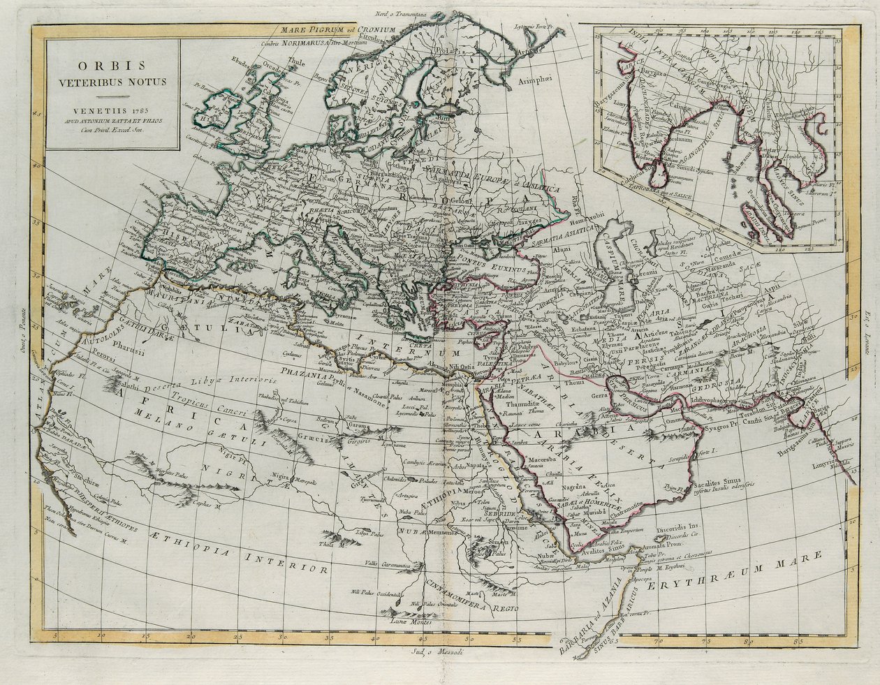 Verden kjent for de gamle, gravering av G. Zuliani hentet fra Tome IV av det nyeste atlas utgitt i Venezia i 1785 av Antonio Zatta, privat samling av G. Zuliani