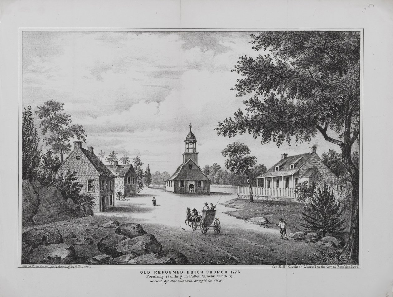 Old Reformed Dutch Church i 1776, tegnet av Miss Elizabeth Sleight i 1808, trykt for H. McCloskeys Manuel fra City of Brooklyn, 1864 av G. after Hayward