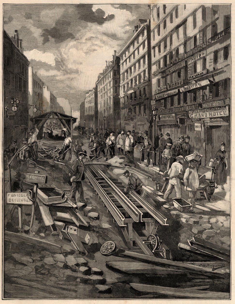 Belleville taubanen, la banen, rue de Belleville i 1894. Gravering etter M.G. de Burgrraffs tegning. I "The Illustrous World" fra 1894. av G. de Burgraff