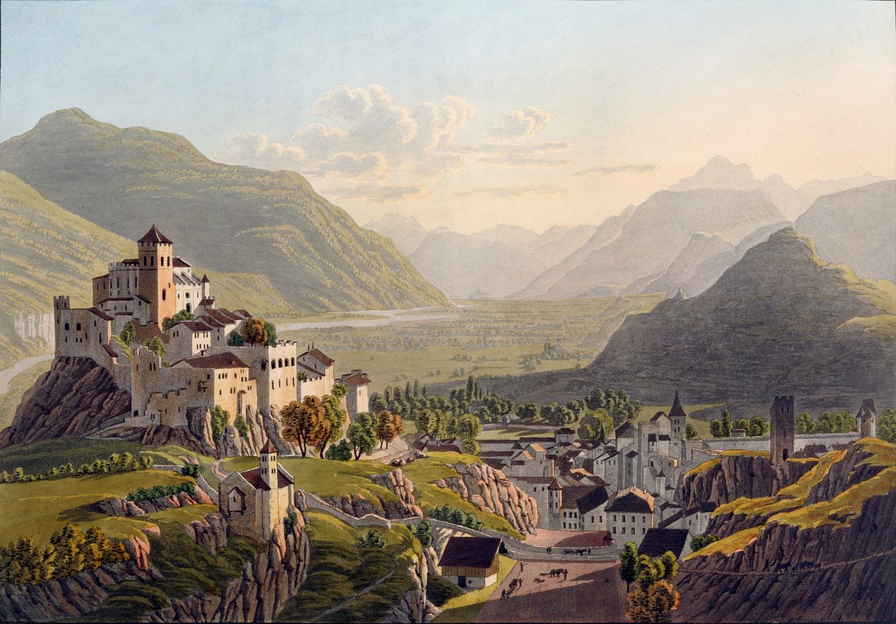 View of Sion, illustrasjon fra Voyage Pittoresque de Geneve a Milan, utgitt Basel, 1819 av Mathias Gabriel Lory