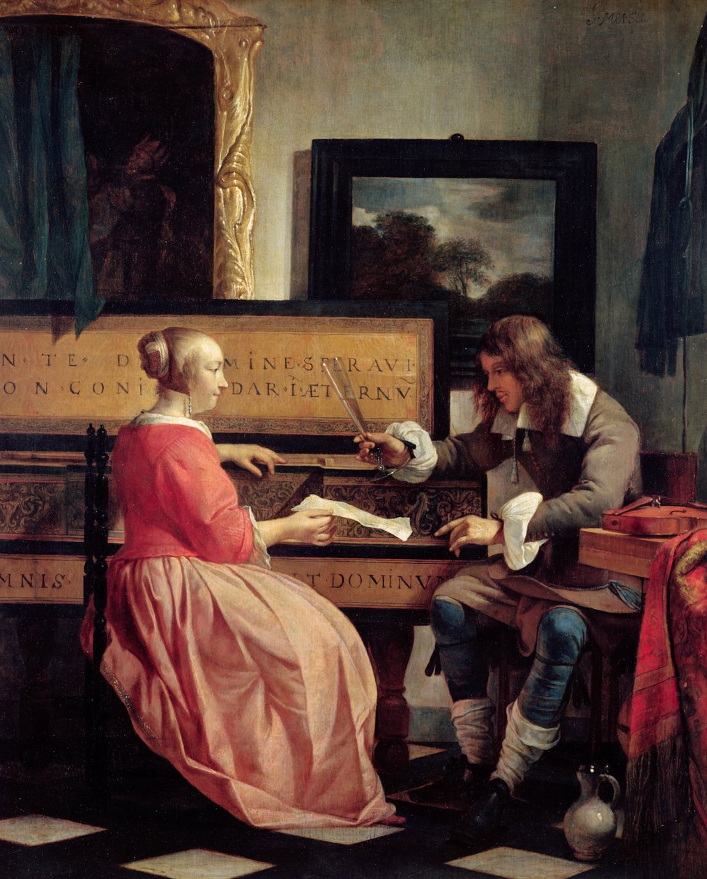 En mann og en kvinne sitter av en jomfru, ca. 1665 av Gabriel Metsu