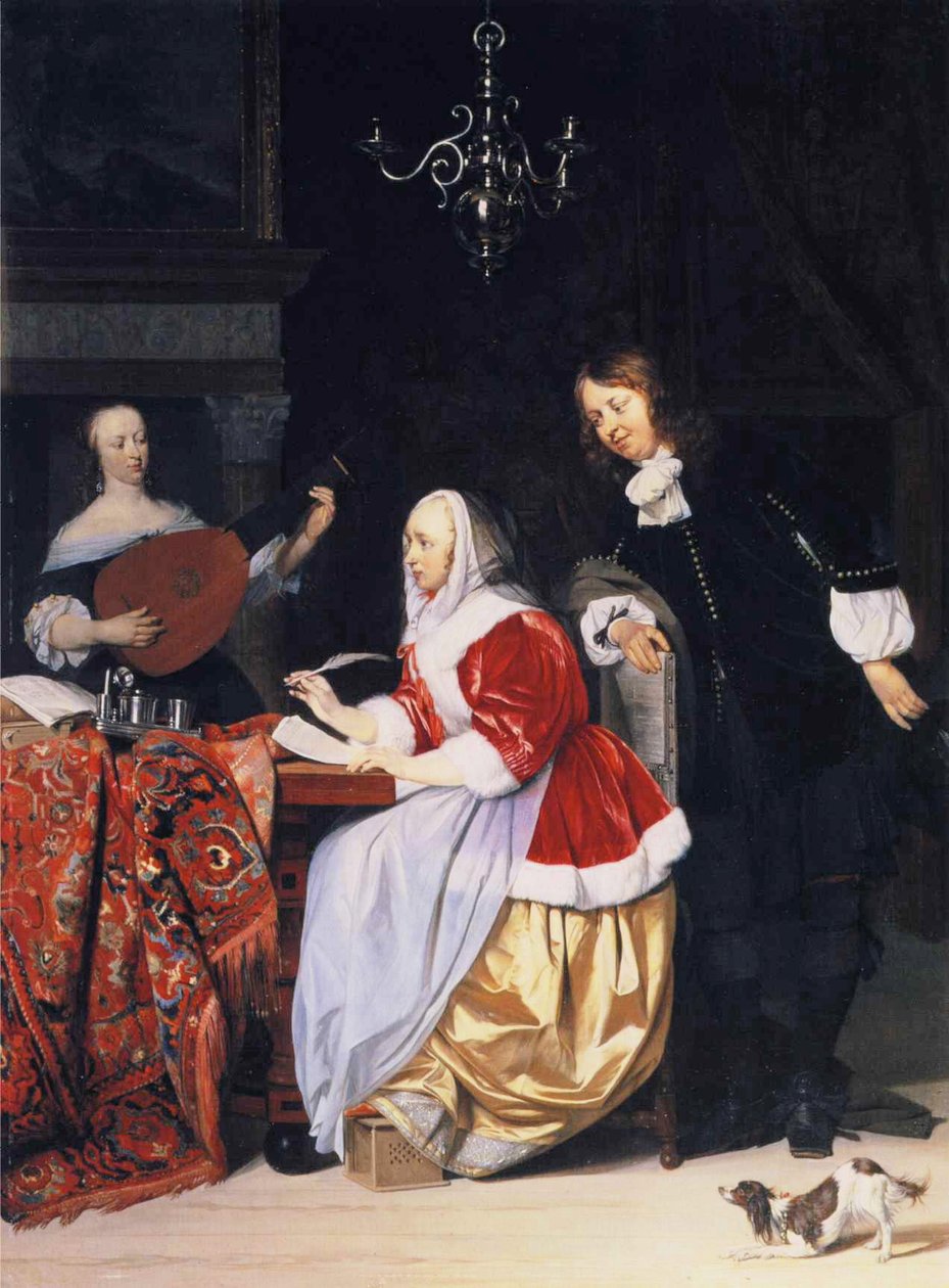 En ung kvinne som komponerer musikk av Gabriel Metsu