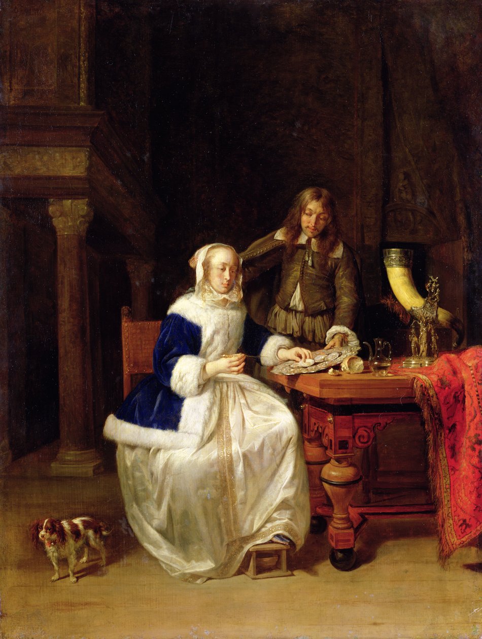 Frokost, ca. 1600 (olje på tre) av Gabriel Metsu