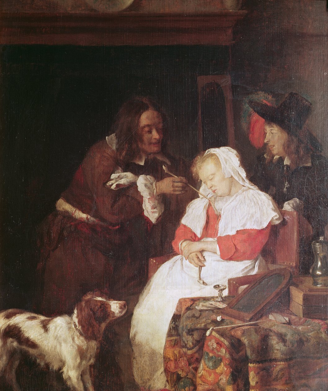 To menn med en sovende kvinne, ca. 1655-60 (olje på eikepanel) av Gabriel Metsu