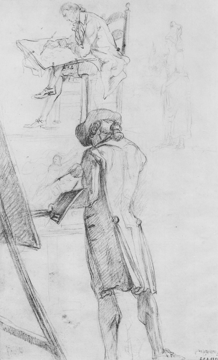 Kunstner ved staffeli og kunstnertegning av Gabriel de Saint Aubin