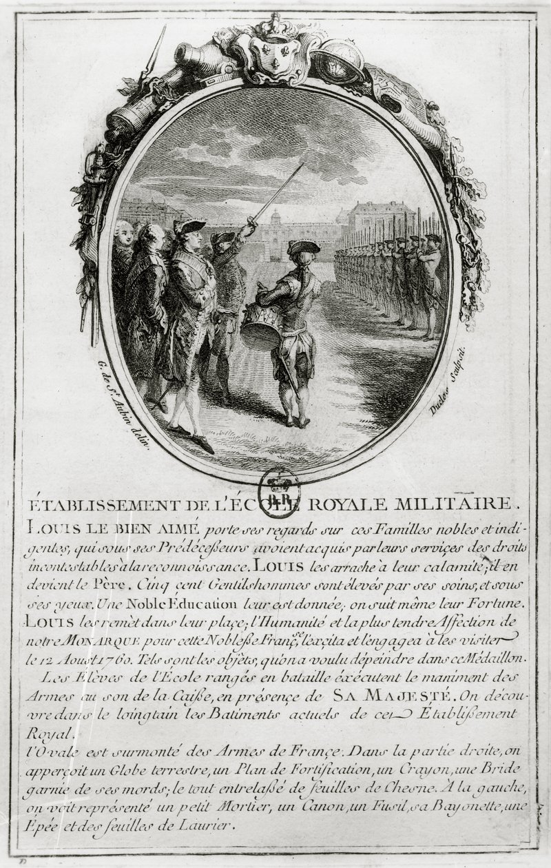 Louis XV (1710-74) Besøker Ecole Militaire i Paris, 12. august 1760, gravert av Antoine Duclos (1742-97) av Gabriel de Saint Aubin