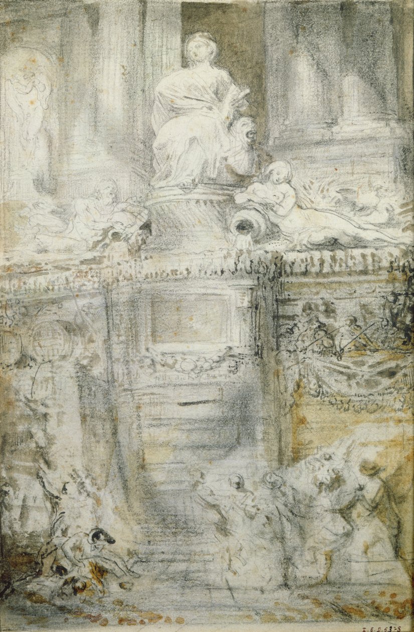 Fontenen på Rue de Grenelle, 1777 (penn og blekk og wc på papir) av Gabriel de Saint Aubin
