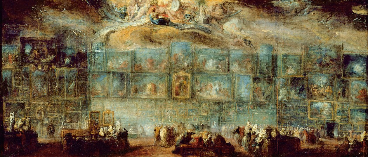 Utsikt over salongen ved Louvre, 1779 (olje på papir lagt på lerret) av Gabriel de Saint Aubin