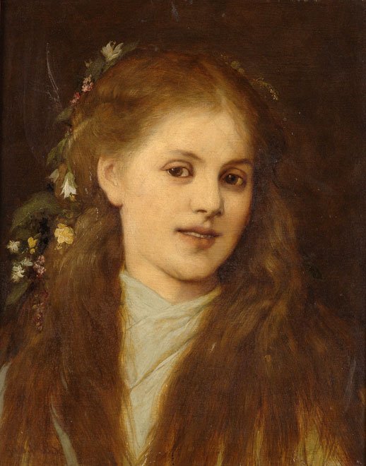 Jente med hår pyntet med blomster av Gabriel von Max