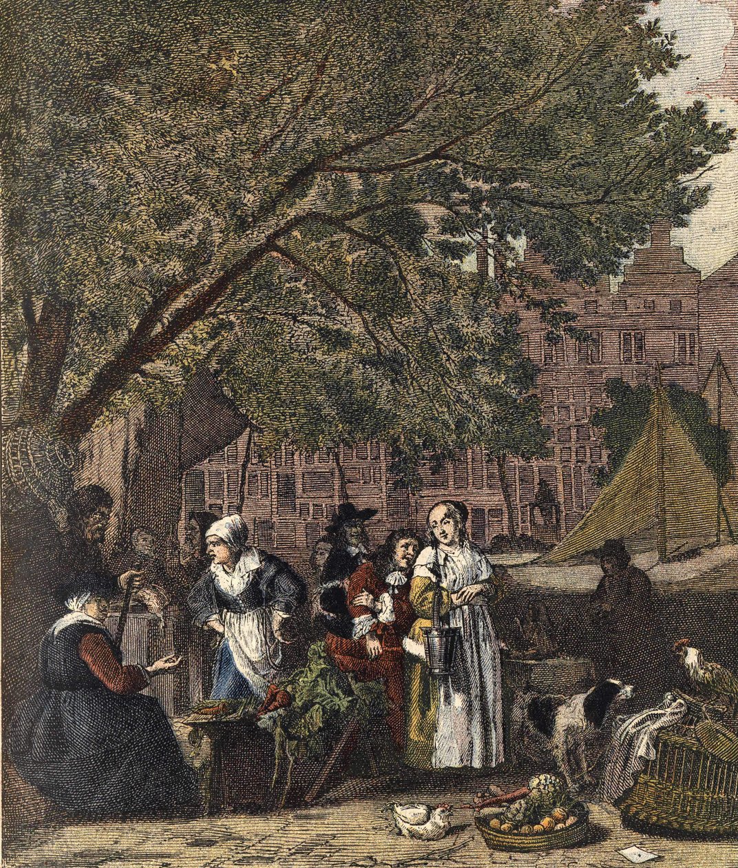 Amsterdam Urtemarked. Gravering 1800-tallet etter maleriet av Gabriel Metsu (1629-1667). av Gabriel (after) Metsu