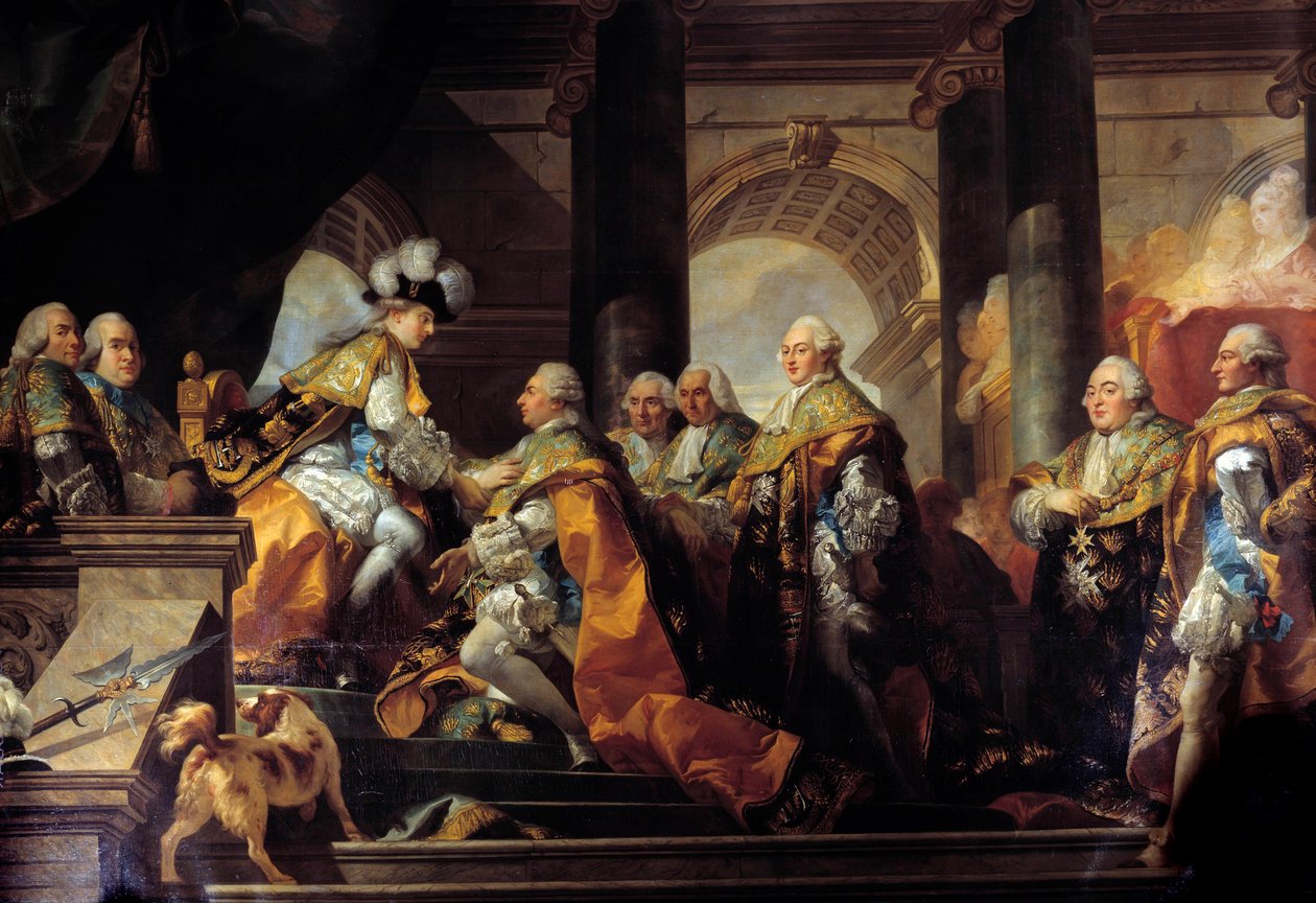 Kong Ludvig XVI (1754-1793) mottok i Reims hyllest av ridderne av Den Hellige Ånds Orden (Den Hellige Ånds Orden) etter sin innvielse 13.06.1775 Detalj. Maleri av Gabriel Doyen (1726-1806) Søn. 3,45 x 4,85 m av Gabriel Francois Doyen