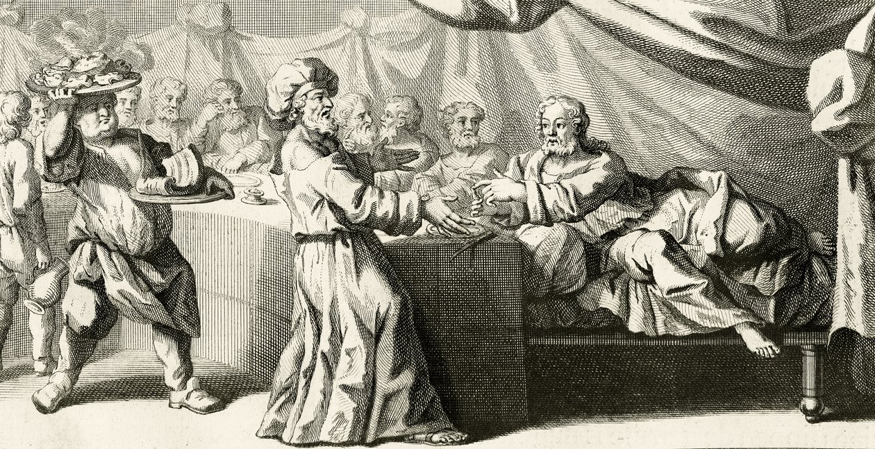 Jesus inviterte til middag med fariseeren, illustrasjon fra Lukasevangeliet, kapittel 11:37, 1728 av Gabriel Francois Louis Debrie